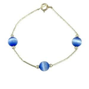 Blue Cat's Eye Glass Bead Bracelet | Sterling Silver 925 | 7"